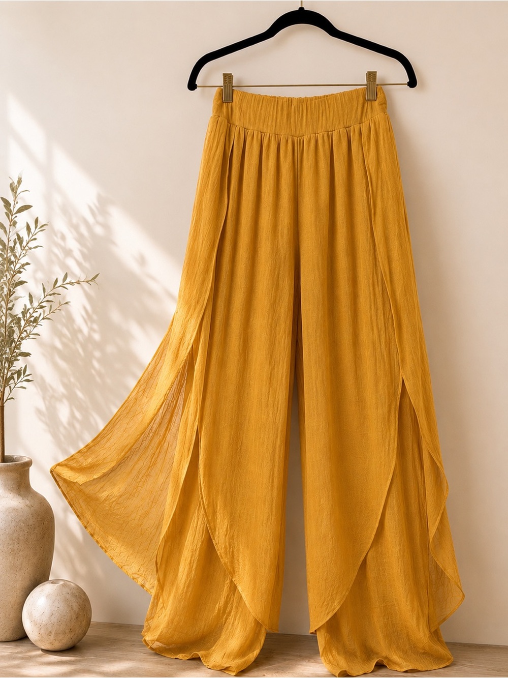 Made in Italy Mustard Tulip Pants | Lagenlook Boho Draped Pull-On M/L